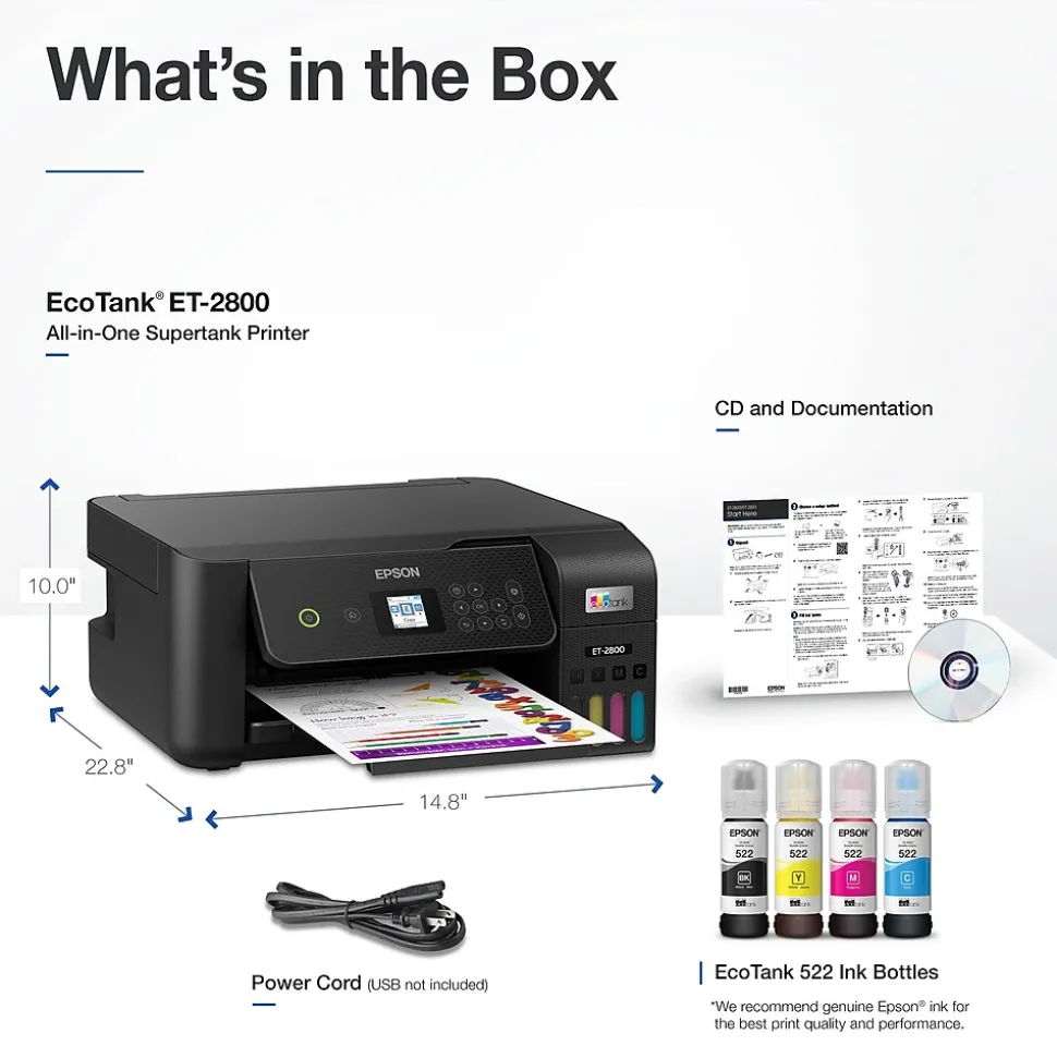 Epson EcoTank ET-2800-B Wireless Color Inkjet Printer, All-In-One Supertank, Print, Scan, Copy (9472532)