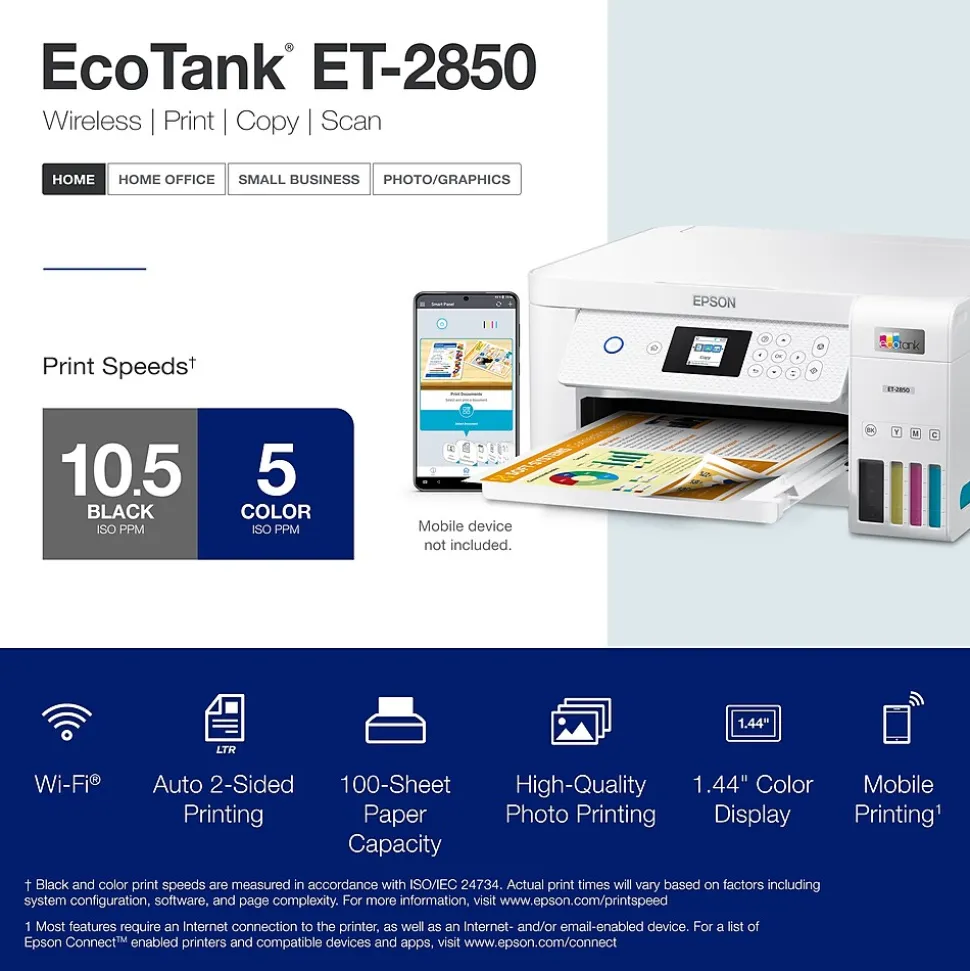 Epson EcoTank ET-2850-W Wireless Color Inkjet Printer, All-In-One Supertank, Print, Scan, Copy (9472541)