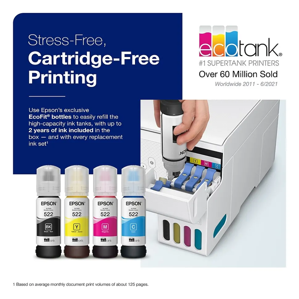 Epson EcoTank ET-2800-W Wireless Color Inkjet Printer, All-In-One Supertank, Print, Scan, Copy (9472539)