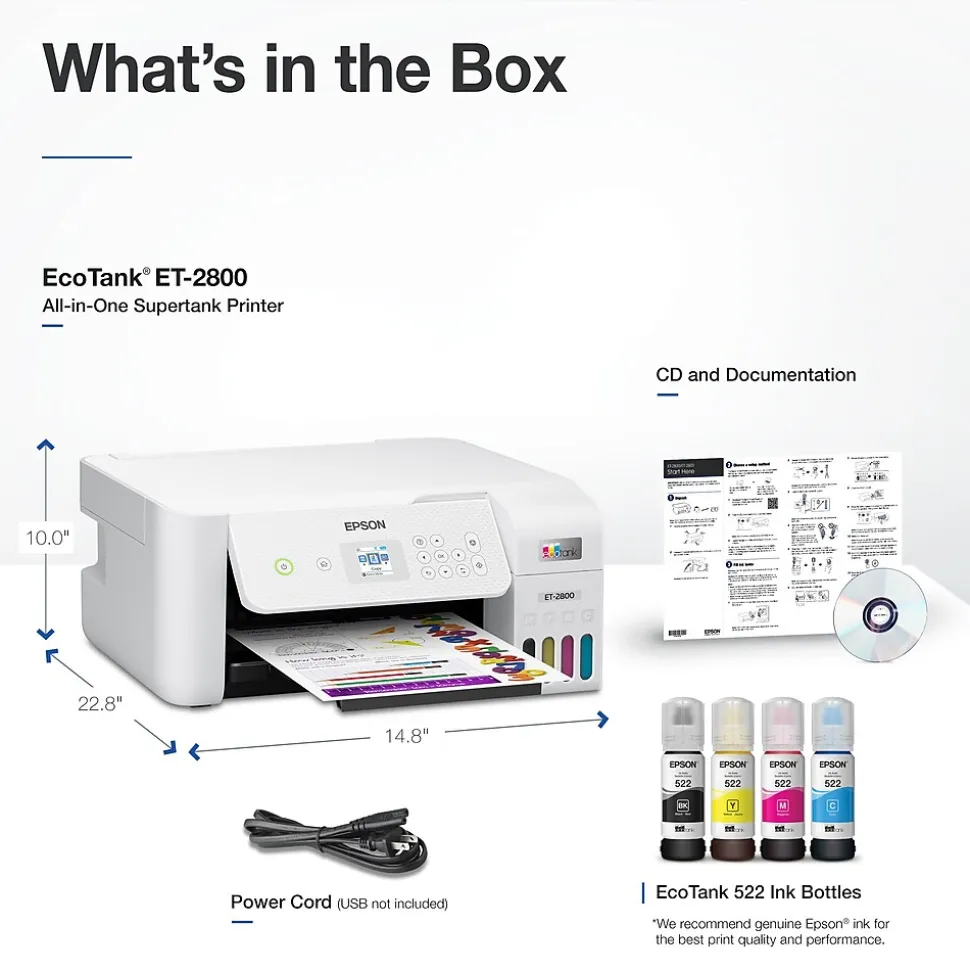 Epson EcoTank ET-2800-W Wireless Color Inkjet Printer, All-In-One Supertank, Print, Scan, Copy (9472539)