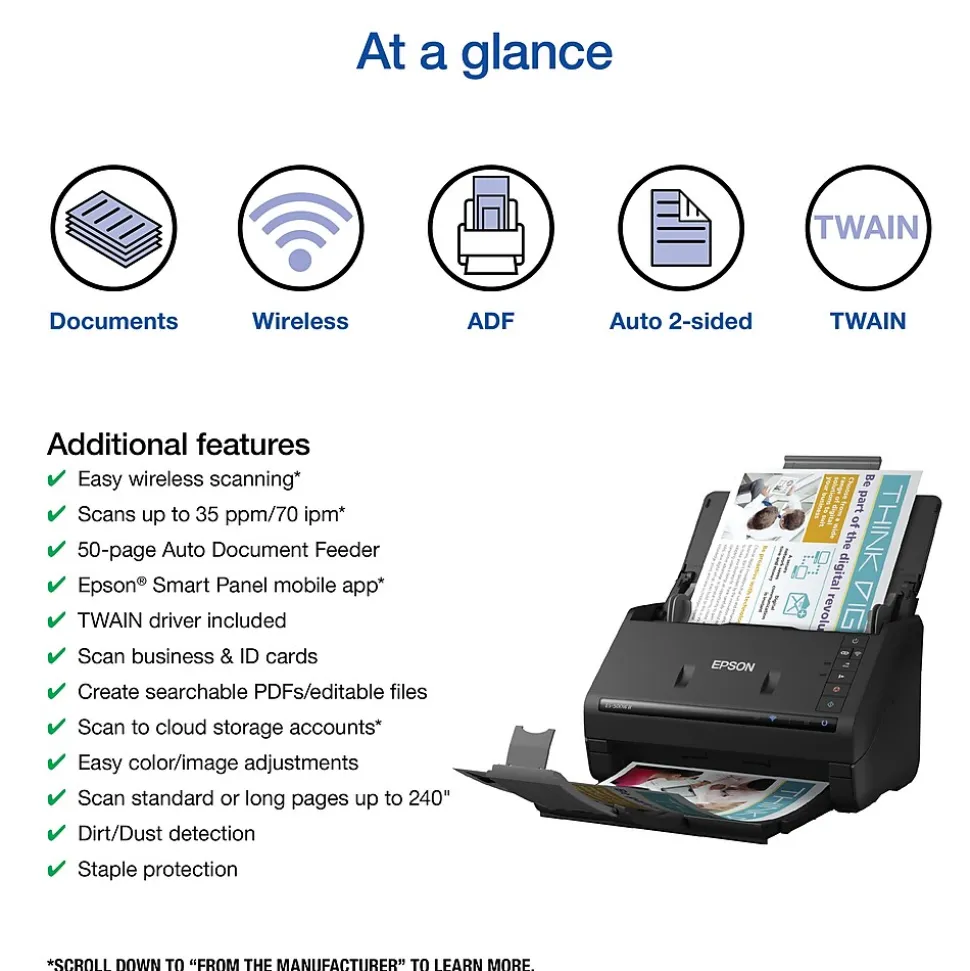 Epson WorkForce ES-500W II Wireless Duplex Document Scanner, Black (B11B263201)