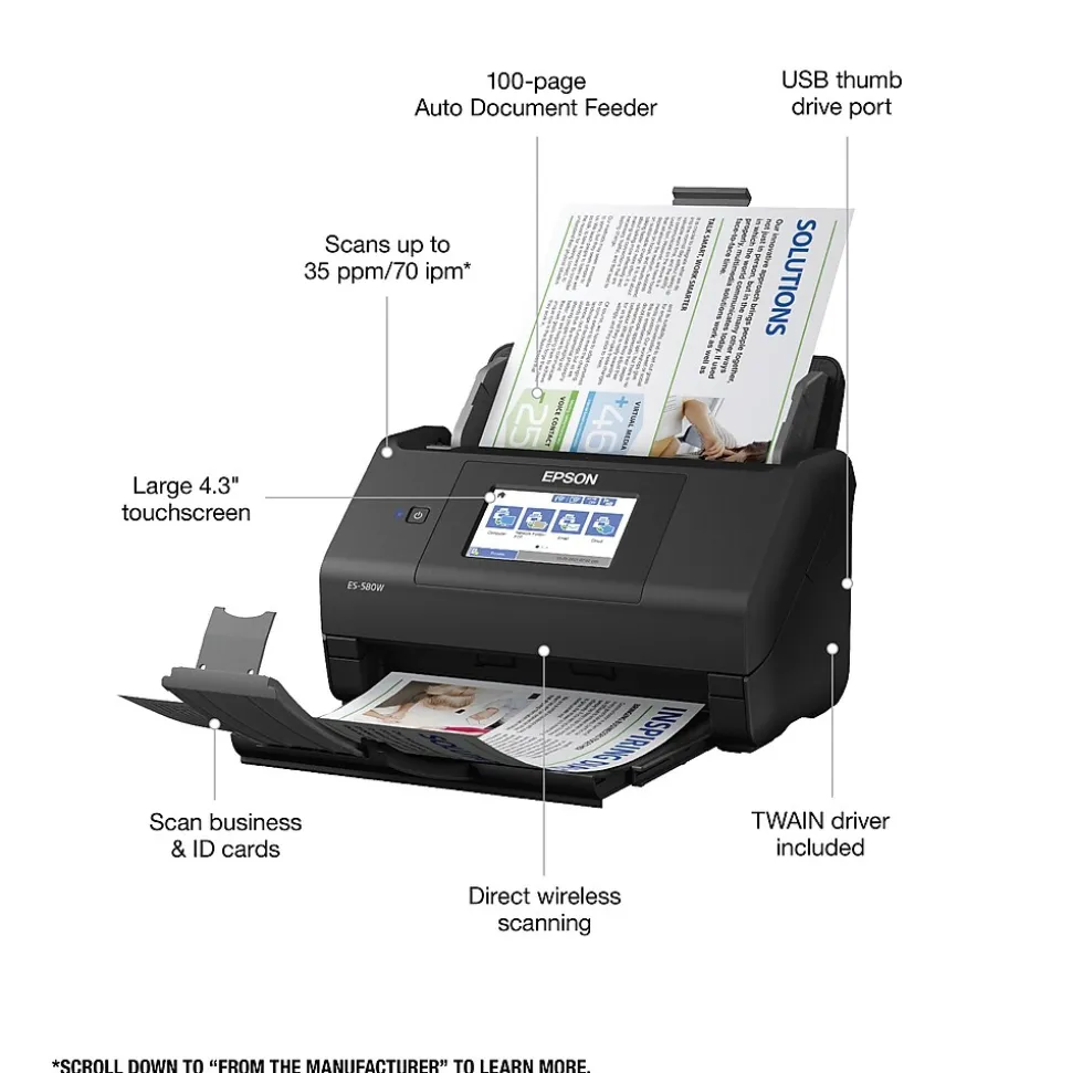 Epson WorkForce ES-580W Wireless Duplex Document Scanner, Black (B11B258201)