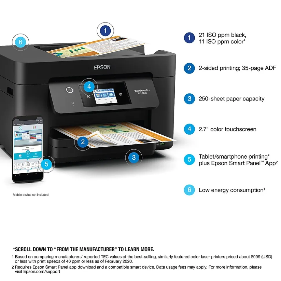 Epson WorkForce Pro WF-3820 Wireless Color Inkjet Printer, All-In-One, Print, Scan, Copy, Fax (9472526)