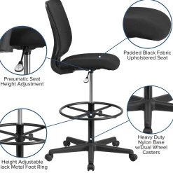 Ergonomic Mid-Back Mesh Drafting Chair with Black Fabric Seat and Adjustable Foot Ring [GO-2100-GG]