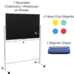 Excello Global Products Double Sided Magnetic Mobile Whiteboard Chalkboard Combo, White Frame, 48