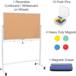 Excello Global Products Double Sided Magnetic Mobile Whiteboard Corkboard Combo, White Frame, 48