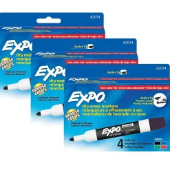 EXPO® Low Odor Dry Erase Markers, Bullet tip, Assorted Colors, 4 Per Pack, 3 Packs, (SAN82074-3)