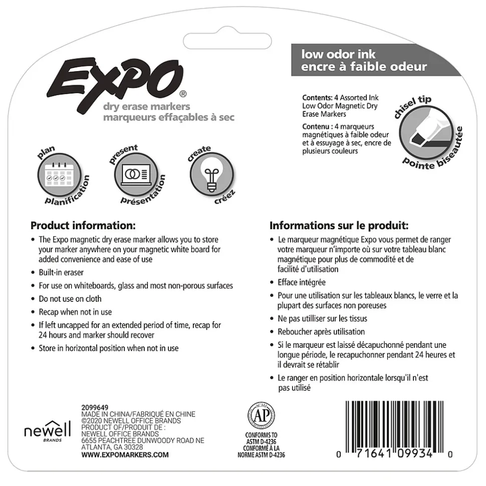 Expo Magnetic Dry Erase Markers, Chisel Tip, Assorted, 4/Pack (1944728)