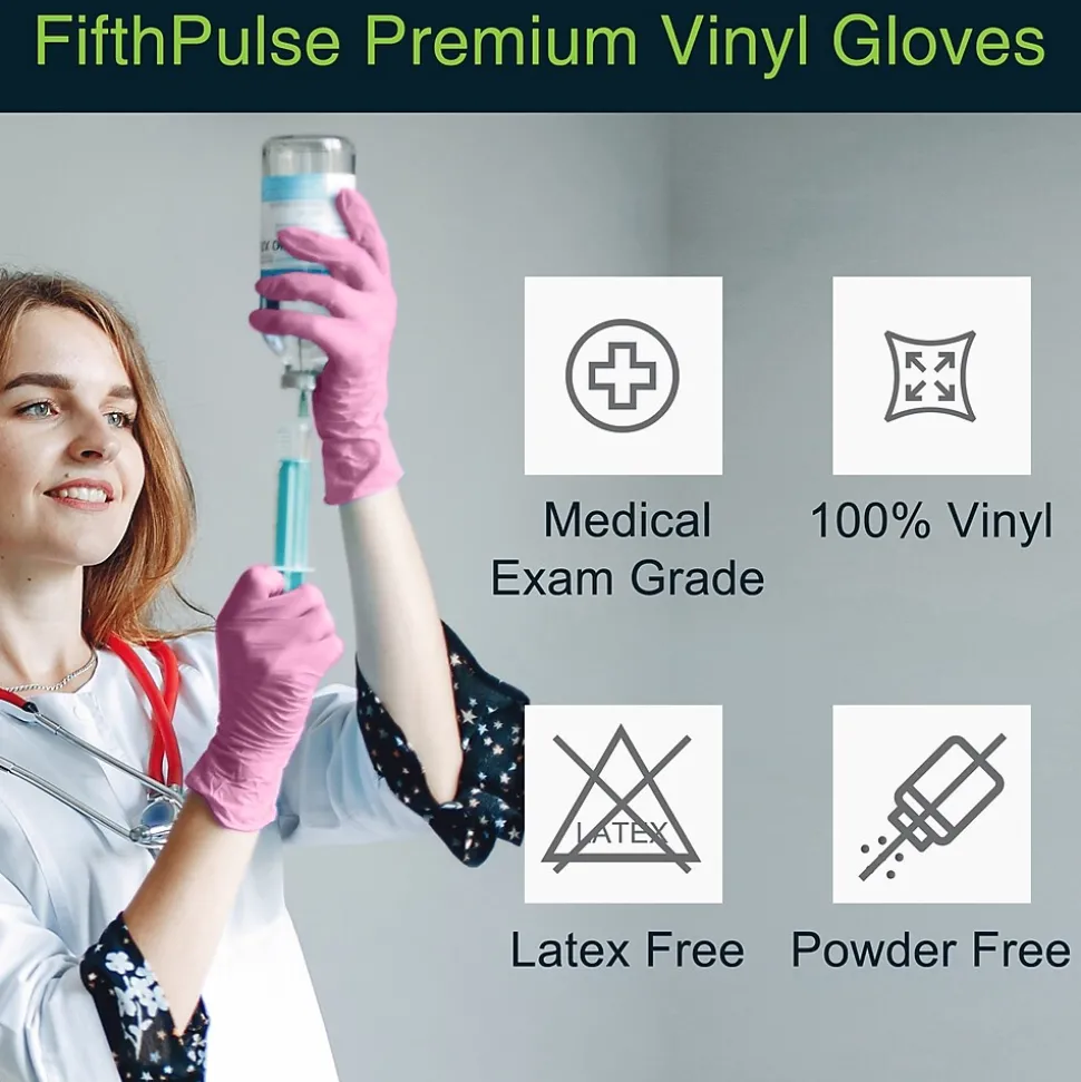 FifthPulse Powder Free Vinyl Exam Gloves, Latex Free, Small, Pink, 100/Box (FMN100041)