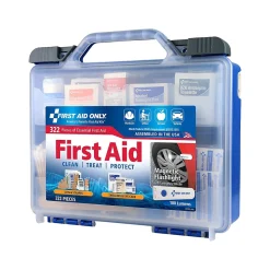 First Aid Only Plastic First Aid Kit with Magnetic Flashlight, 50 People, 322 Pieces, Clear/Blue (91414)