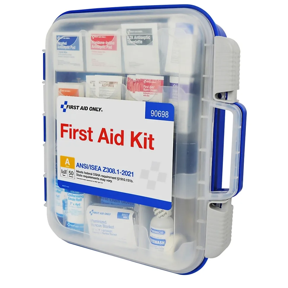 First Aid Only ReadyCare Plastic First Aid Kit with Medication, ANSI 2021 Class A, 50 People, 238 Pieces, Clear/Blue (90698)