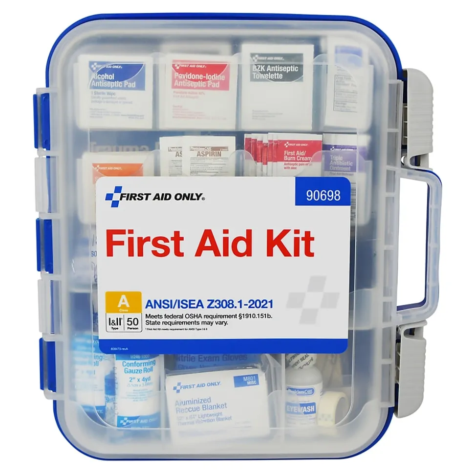 First Aid Only ReadyCare Plastic First Aid Kit with Medication, ANSI 2021 Class A, 50 People, 238 Pieces, Clear/Blue (90698)