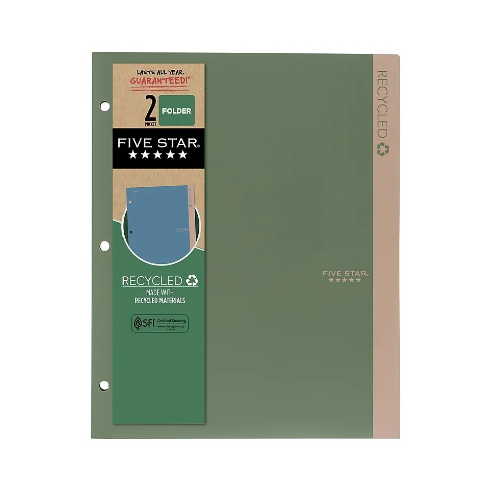 Five Star 100% Recycled 3-Hole Punched 2-Pocket Paper Folder, Assorted Colors (330027-22)