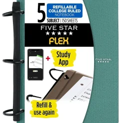 Five Star Flex 5-Subject Subject Notebooks, 8.5" x 11", College Ruled, 150 Sheets, Green (08128)