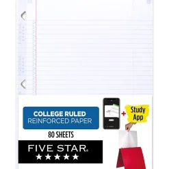 Five Star Reinforced College Ruled Filler Paper, 8.5" x 11", 3-Hole Punched, 80 Sheets/Pack (170102/170035)