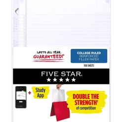 Five Star Reinforced College Ruled Filler Paper, 8.5" x 11", 100 Sheets/Pack (17102/17010)
