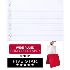 Five Star Reinforced Wide Ruled Filler Paper, 8" x 10.5", 3-Hole Punched, 80 Sheets/Pack (150002/150034)