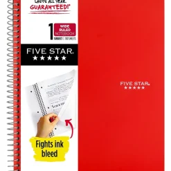 Five Star 1-Subject Notebooks, 8" x 10.5", Wide Ruled, 100 Sheets, Each (05238/07635)