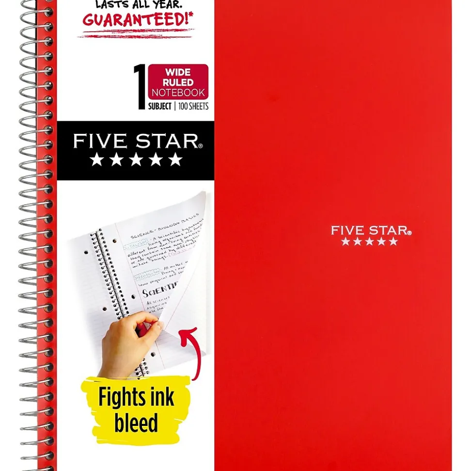 Five Star 1-Subject Notebooks, 8" x 10.5", Wide Ruled, 100 Sheets, Each (05238/07635)