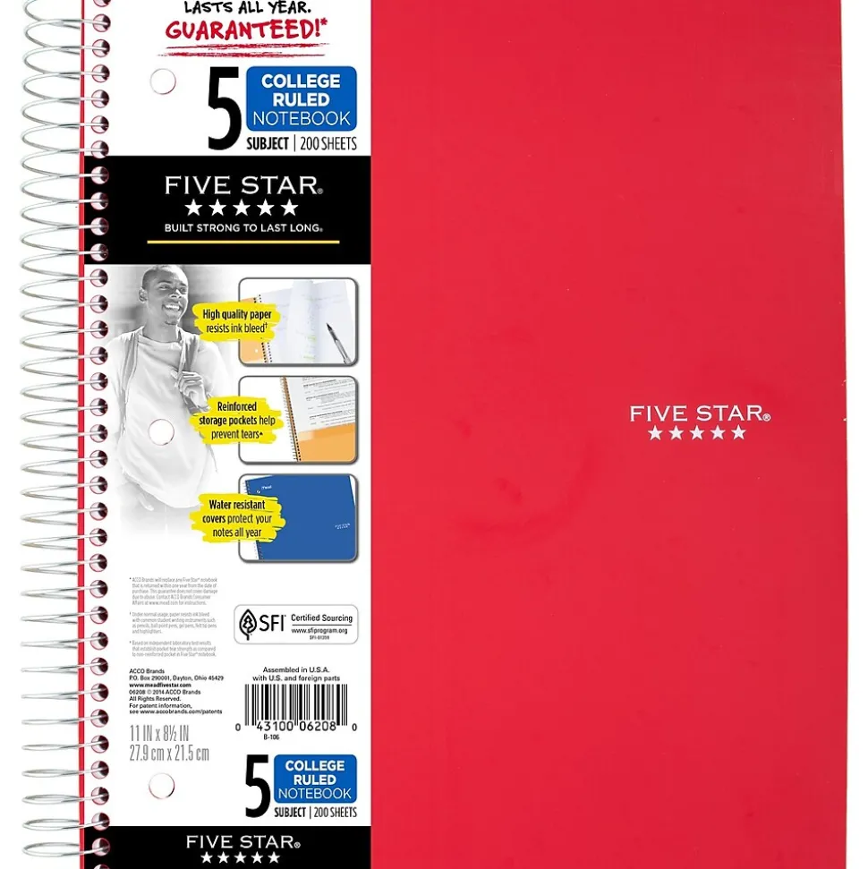 Five Star 5-Subject Notebook, 8.5" x 11", College Ruled, 200 Sheets, Red (72077)