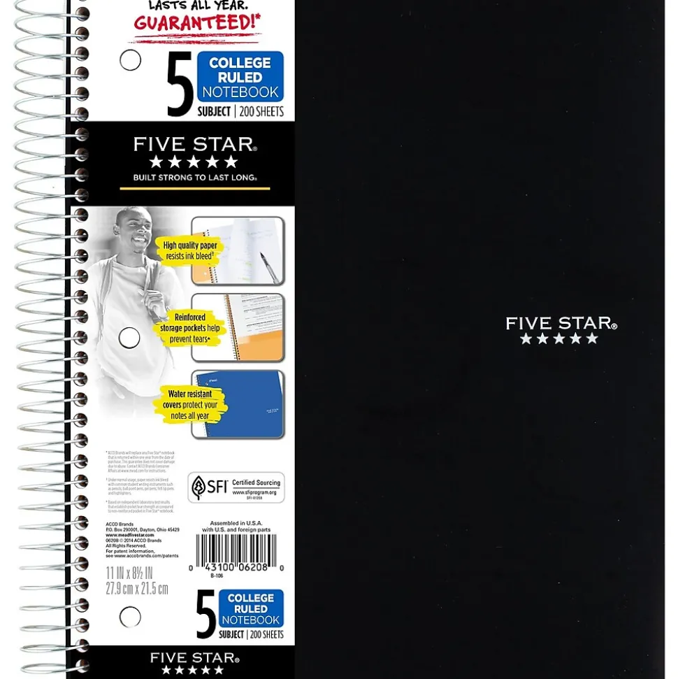 Five Star 5-Subject Subject Notebook, 8.5" x 11", College Ruled, 200 Sheets, Black (72081)