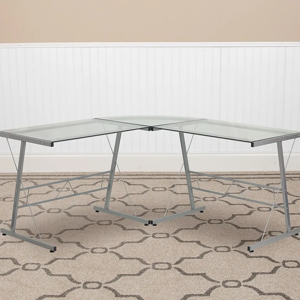 Flash Furniture 84" Glass L-Shape Computer Desk, Clear/Silver (NANCD22181)