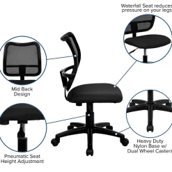 Flash Furniture Alber Armless Ergonomic Mesh Swivel Mid-Back Task Office Chair, Black (WLA277BK)