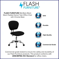 Flash Furniture Beverly Armless Ergonomic Mesh Swivel Mid-Back Padded Task Office Chair, Black (H2376FBK)