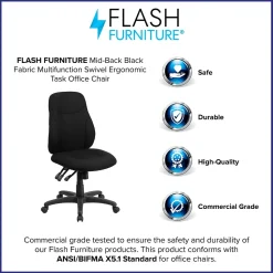 Flash Furniture Brandy Armless Ergonomic Fabric Swivel Mid-Back Task Office Chair, Black (BT90297M)