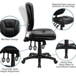 Flash Furniture Caroline Armless Ergonomic LeatherSoft Swivel Mid-Back Multifunction Task Office Chair, Black (GO930FBKLEA)
