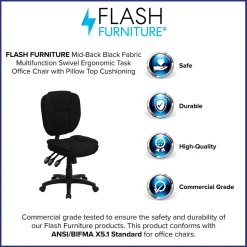 Flash Furniture Caroline Armless Ergonomic Fabric Swivel Mid-Back Multifunction Task Office Chair, Black (GO930FBK)