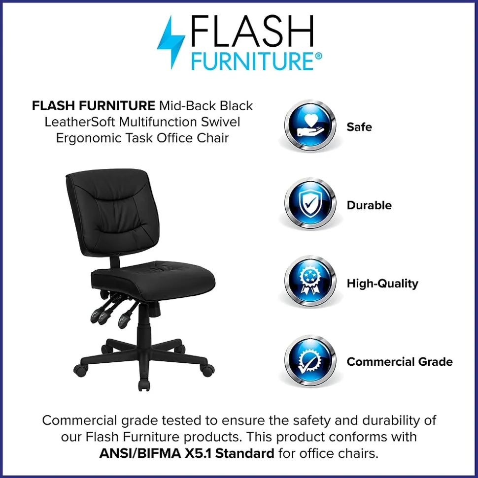 Flash Furniture Cole Armless Ergonomic LeatherSoft Swivel Mid-Back Task Office Chair, Black (GO1574BK)
