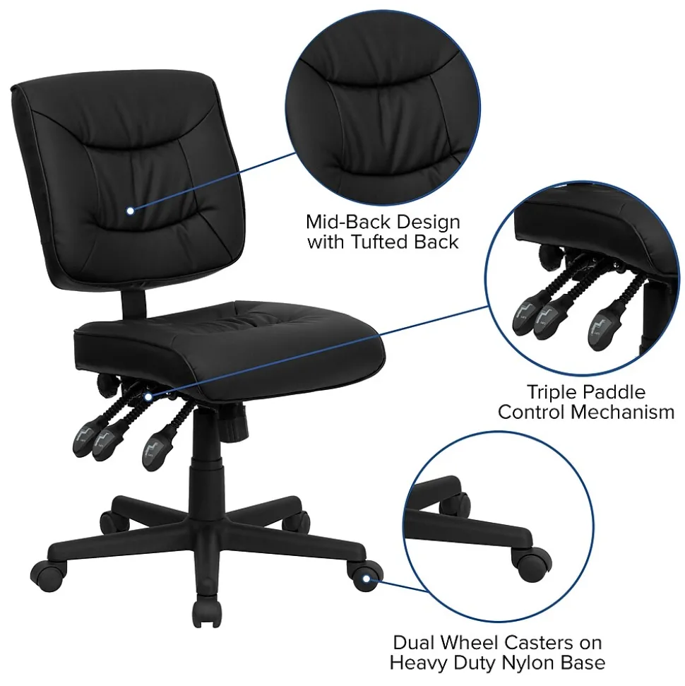 Flash Furniture Cole Armless Ergonomic LeatherSoft Swivel Mid-Back Task Office Chair, Black (GO1574BK)
