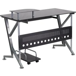 Flash Furniture Glass Computer Desk with Pull-Out Keyboard Tray and CPU Cart, Black