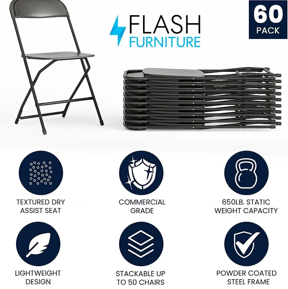 Flash Furniture HERCULES™ Plastic Armless Folding Chair, Black, 60/Pack