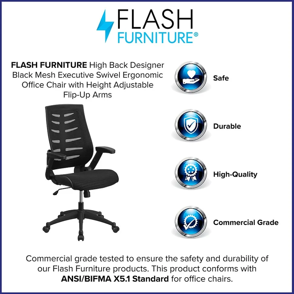 Flash Furniture Kale Ergonomic Mesh Swivel High Back Executive Office Chair, Black (BLZP809BK)