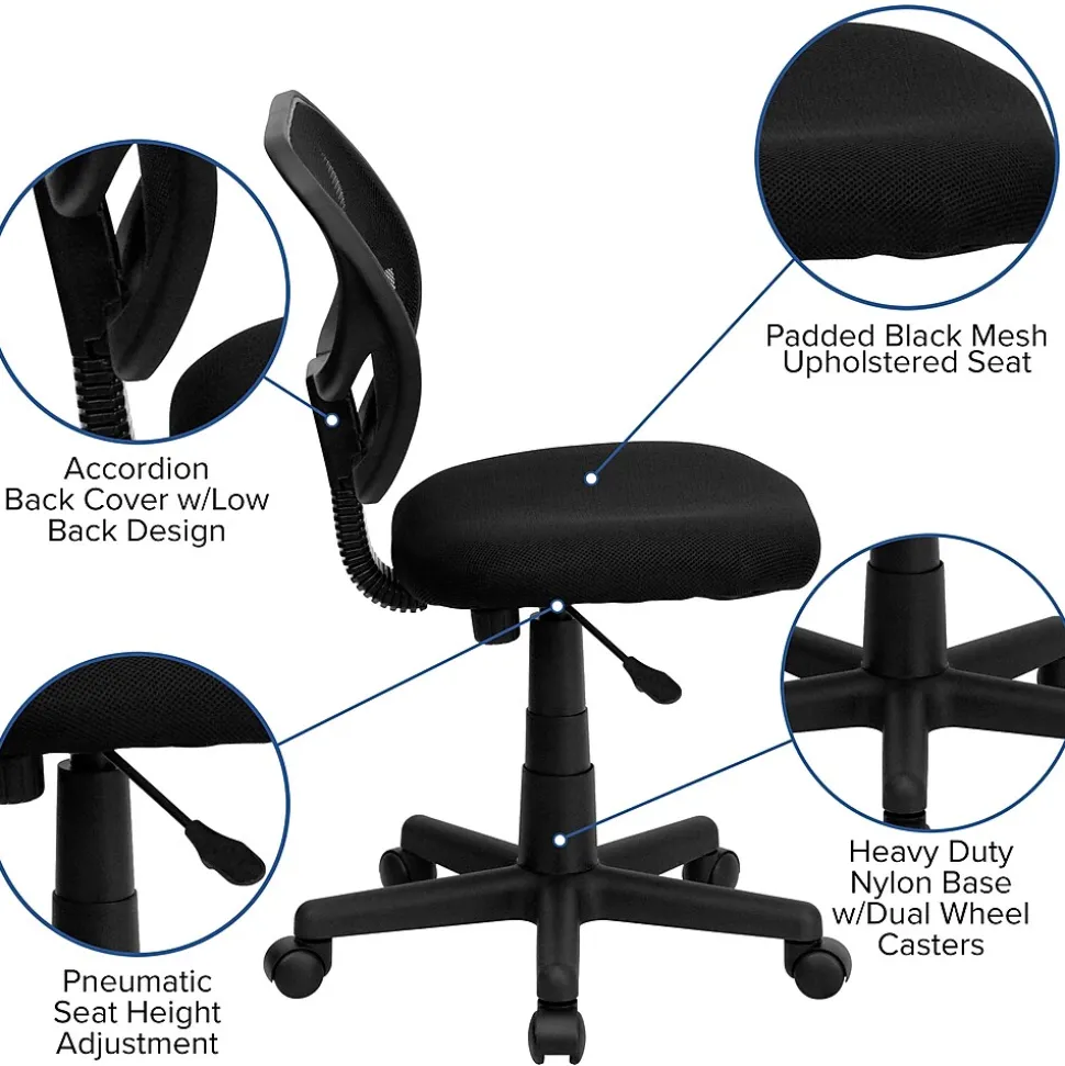Flash Furniture Neri Armless Ergonomic Mesh Swivel Low Back Task Office Chair, Black (WA3074BK)