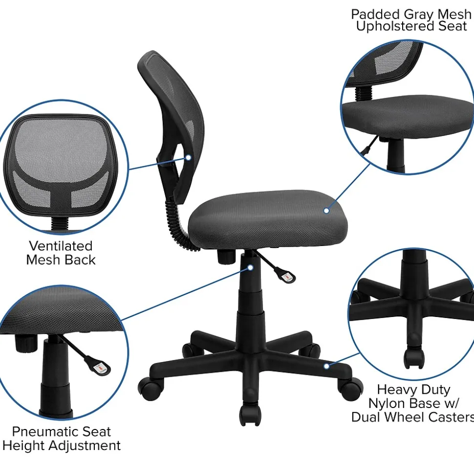 Flash Furniture Neri Armless Ergonomic Mesh Swivel Low Back Task Office Chair, Gray (WA3074GY)