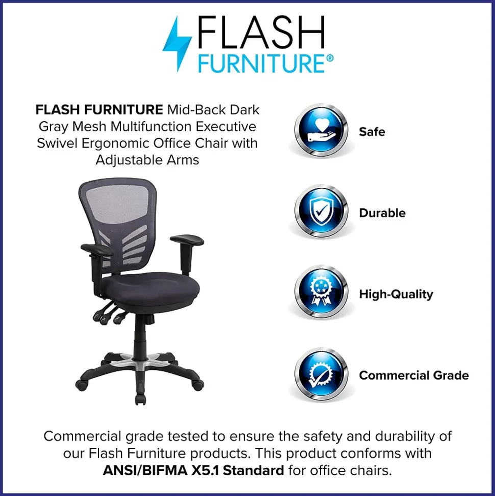 Flash Furniture Nicholas Ergonomic Mesh Swivel Mid-Back Multifunction Executive Office Chair, Dark Gray (HL0001DKGY)