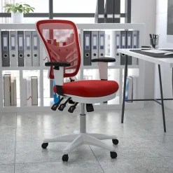 Flash Furniture Nicholas Ergonomic Mesh Swivel Mid-Back Multifunction Executive Office Chair, Red/White Frame (HL0001WHRED)
