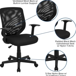 Flash Furniture Norris Ergonomic Mesh Swivel Mid-Back Tapered Back Task Office Chair, Black (LFW95ABK)