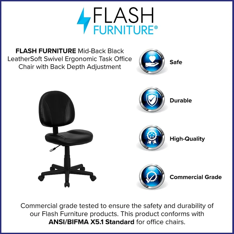Flash Furniture Ronald Armless Ergonomic LeatherSoft Swivel Mid-Back Task Office Chair, Black (BT688BK)
