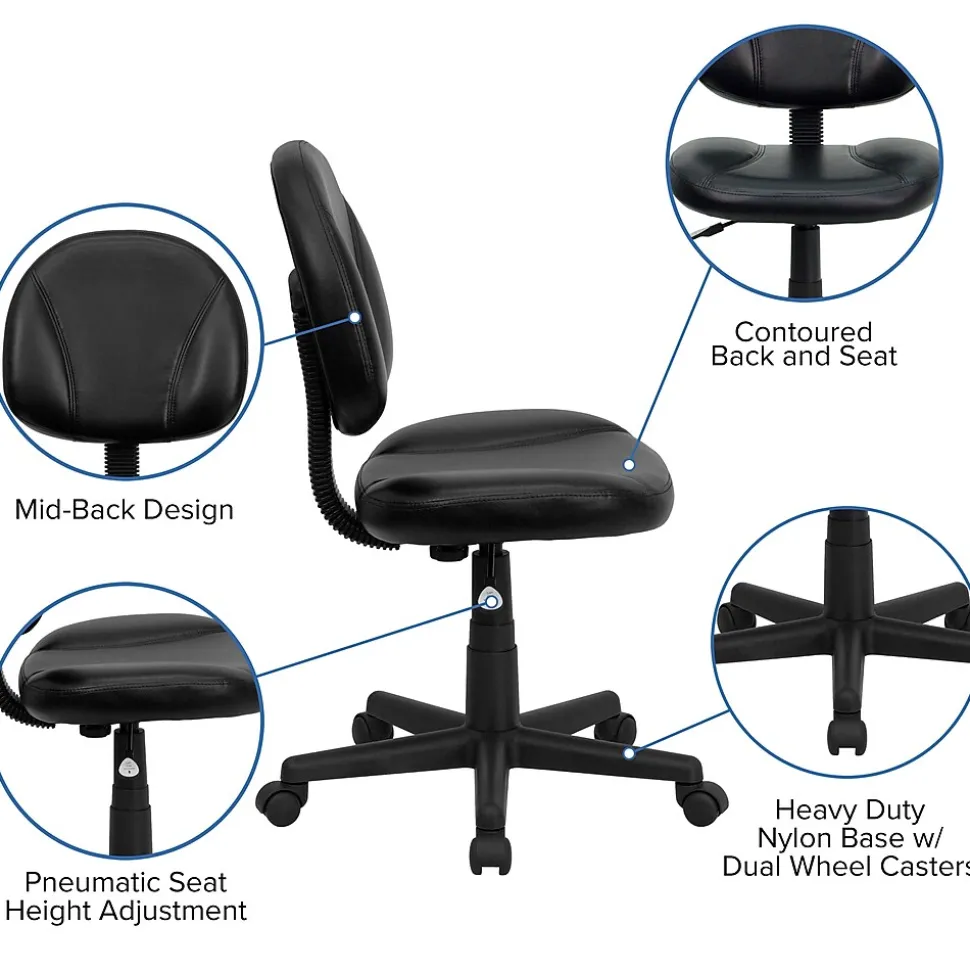 Flash Furniture Ronald Armless Ergonomic LeatherSoft Swivel Mid-Back Task Office Chair, Black (BT688BK)