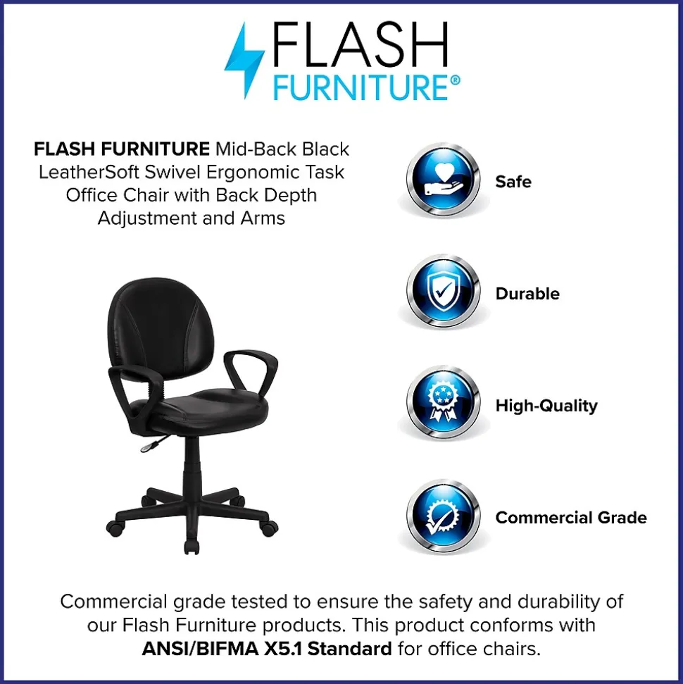 Flash Furniture Ronald Ergonomic LeatherSoft Swivel Mid-Back Task Office Chair, Black (BT688BKA)