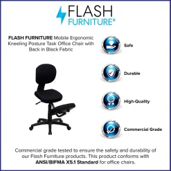 Flash Furniture Tatum Armless Ergonomic Fabric Mobile Kneeling Posture Task Office Chair, Black (WL1430)