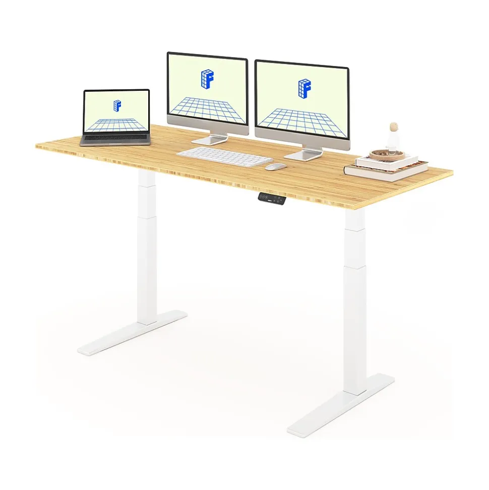 FlexiSpot E7 Pro 72"W Electric Adjustable Standing Desk, Bamboo/White (E7WPRO7230-LBZB)