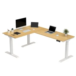 FlexiSpot E7 76"W Electric L-Shaped Adjustable Bamboo Top Standing Desk, White (E7LW557624BAM)
