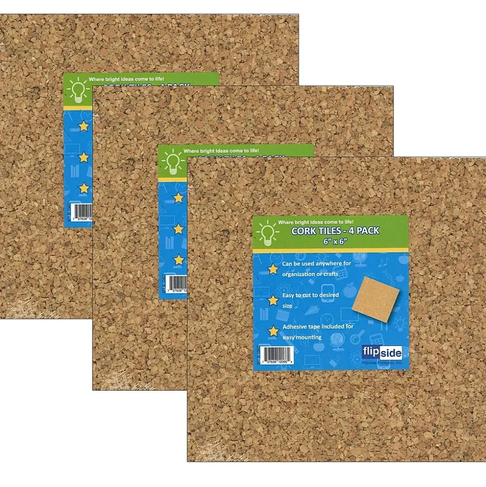 Flipside Natural Cork Tiles, 6" x 6", 4 Per Pack, 3 Packs (FLP12066-3)