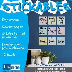Flipside Products Dry Erase Stickables with Dry Erase Marker, Assorted Pastel Colors, 3" x 3", 12 Per Pack, 3 Packs (FLP94433-3)