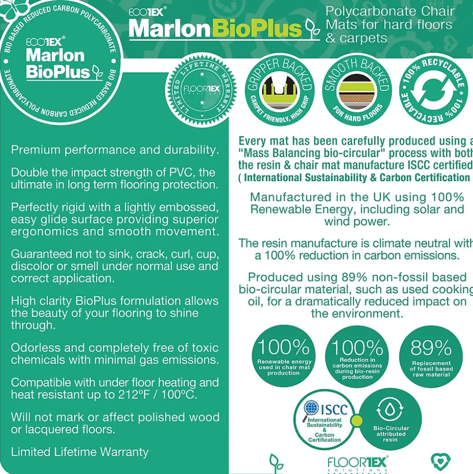 Floortex Ecotex BioPlus Hard Floor Chair Mat, 35" x 47", Clear Bio Based Polycarbonate (NCCMFLBS0002)